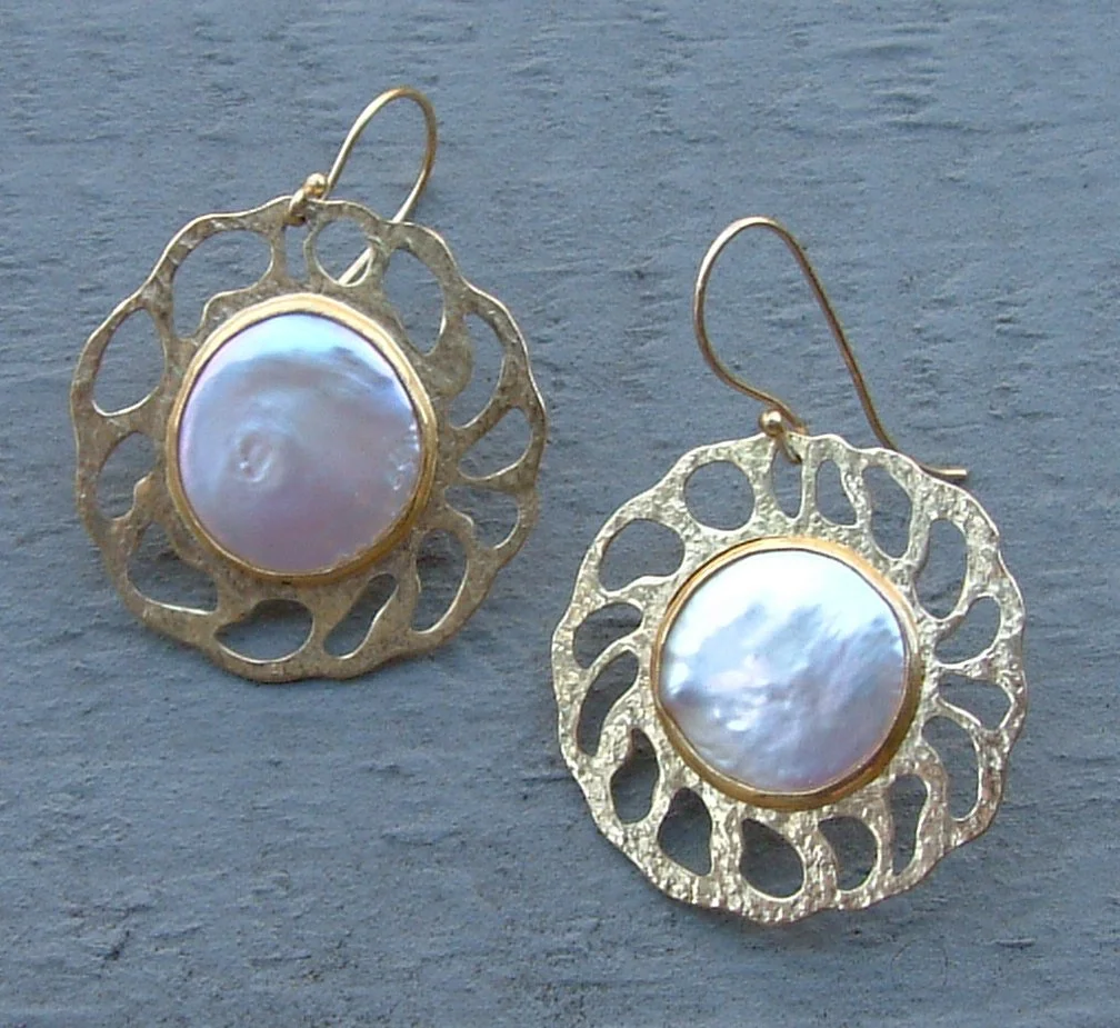 18 karat gold and freshwater blister pearl earrings